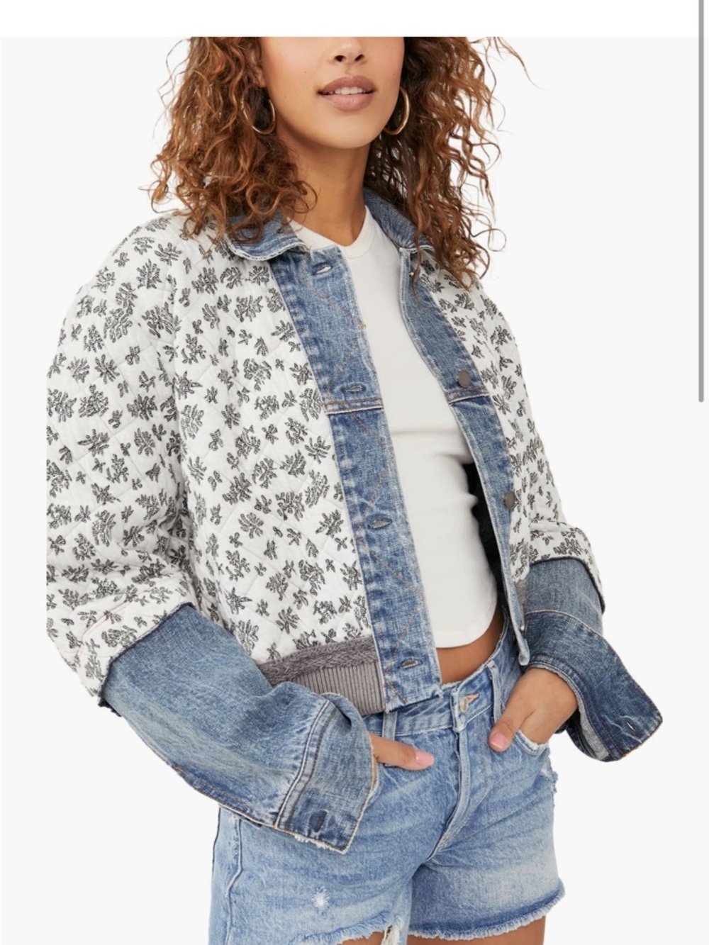 Free People White Floral Quilted Jacket with Blue Denim Trim